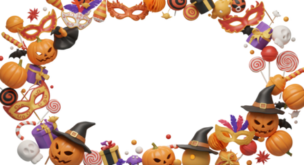 Festive Halloween 3D Render Pumpkins Masks Candy Witch Hats