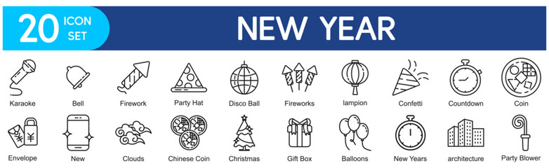 Fototapeta premium New Year Icons Collection related to Celebration, Holiday, Party, Festive, January 1st, Countdown, Fireworks, Confetti, Balloons, Gift, Present, Tree, Decoration.