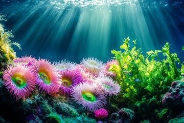 The underwater scene is a kaleidoscope of color, featuring a diverse array of coral species and marine life that inhabit the vibrant coral reef ecosystem