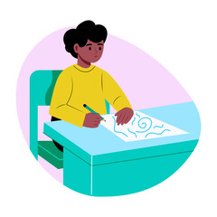 Flat style illustration showing a student drawing on paper
