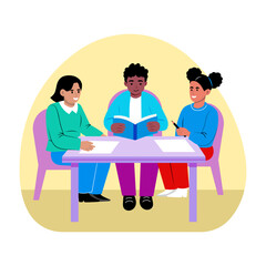 A flat style illustration of friends doing group study