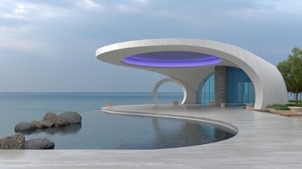 Fototapeta premium Exploring the Tranquil Beauty of a Large Reflective Body of Water in a Stunning Futuristic Architectural Landscape