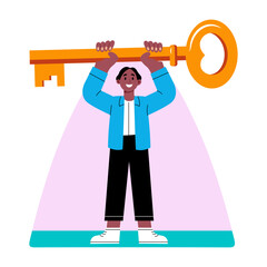 A student holding a key depicting unlock potential, flat illustration