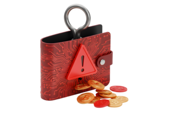 Digital wallet security alert!  Red warning sign on a circuit board-designed wallet.