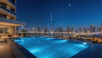 Obraz premium Infinity pool luxury apartment Dubai skyline view 
