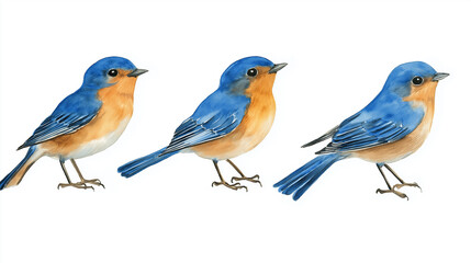 Fototapeta premium Blue and yellow watercolor drawings of birds on a white background. Blue birds with orange feathers, isolated, songbird, bullfinch bird