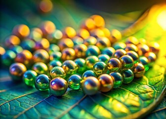 Golden Hour Macro:  Delicate Beads on a Leaf, Minimalist Jewel Photography