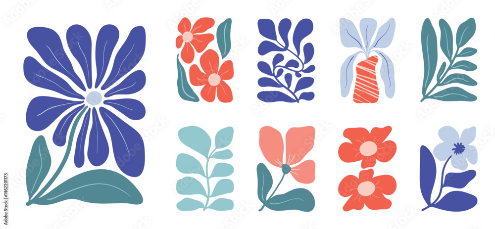 Aufkleber botanical doodle background art vector set. flower and leaves abstract shape doodle art design for p