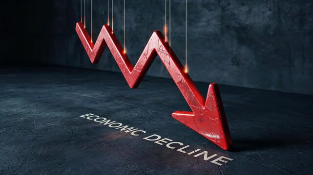 Downward red broken arrow symbolizing economic downturn, business people fading in blurred background.