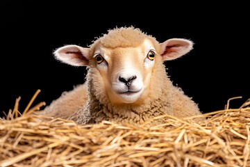Obraz premium A light-tan sheep rests in straw, gazing directly at the viewer against a black backdrop
