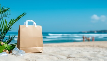 Eco-friendly paper bag on beach with plastic waste