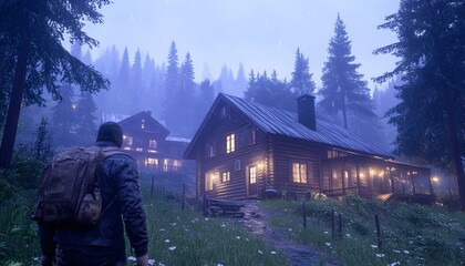 A lone figure approaches a cluster of illuminated wooden cabins nestled within a misty, forested mountain valley at twilight