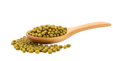 Green mung beans in a wooden spoon. Healthy and nutritious food.