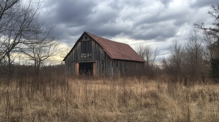 Fototapeta premium Rustic wooden barn nestled within a field under a cloudy sky.