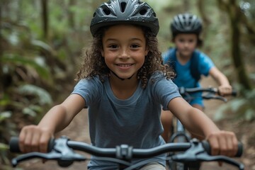 Naklejka premium Young siblings of different races riding bicycles side side down a forest path childhood equality