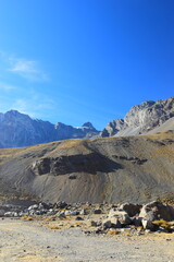 Cajon del Maipo - Embalse el Yeso area. San jose de Maipo, close to Santigao area. Lake view with mountains in the background. With unreal, scenic nature views. With glaciers and lakes close by.