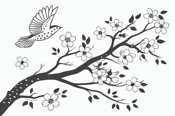 Fototapeta premium 60 Black and white illustration, delicate floral branches, spotted bird in flight, ink wash technique, botanical art, Japanese-inspired, negative space, graceful composition, cherry blossoms, watercol