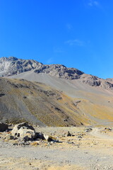 Cajon del Maipo - Embalse el Yeso area. San jose de Maipo, close to Santigao area. Lake view with mountains in the background. With unreal, scenic nature views. With glaciers and lakes close by.