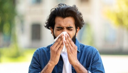 Man Sneezing in a White Handkerchief or Tissue - Symptoms of being Ill or Sick - Bacteria and Sinus Infection - Influenza, Flu, Covid, Common Cold, Germs, Hay Fever, Unwell, Runny Nose, Allergy