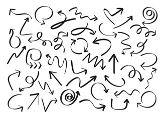 This image shows a collection of hand-drawn arrows in various shapes and directions on a black background. The arrows are white with a soft shadow, giving a 3D look.