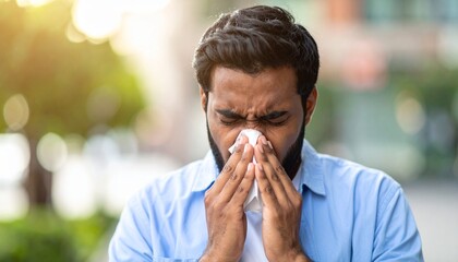 Man Sneezing in a White Handkerchief or Tissue - Symptoms of being Ill or Sick - Bacteria and Sinus Infection - Influenza, Flu, Covid, Common Cold, Germs, Hay Fever, Unwell, Runny Nose, Allergy
