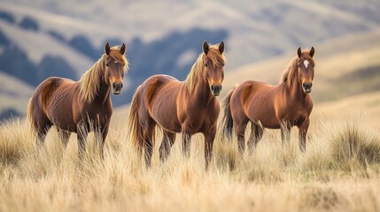 Majestic Mustangs in Golden Meadow: A Trio of Wild Horses Gracefully Stands in Serene Landscape