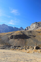 Cajon del Maipo - Embalse el Yeso area. San jose de Maipo, close to Santigao area. Lake view with mountains in the background. With unreal, scenic nature views. With glaciers and lakes close by.