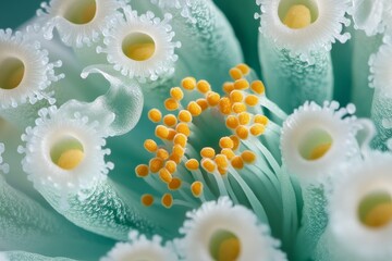 The intricate beauty of nature is showcased through a close-up of a flower's pistil surrounded by swirling petals
