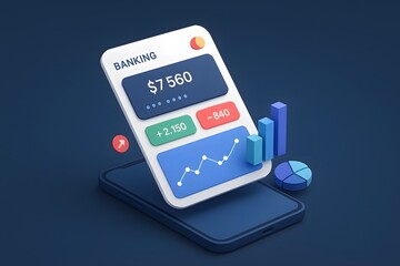 Modern 3d render of mobile banking application illustrating finance and investment concepts with statistical charts and financial data displayed