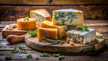 Gourmet Cheese Selection: Blue, Brie & Cheddar Assortment on Rustic Wooden Board