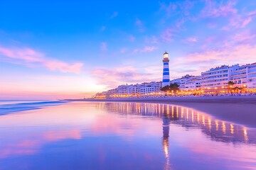 Fototapeta premium Coastal town at sunset, lighthouse reflecting in calm sea