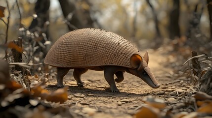 Fototapeta premium A small, brown armadillo walks along a forest path.