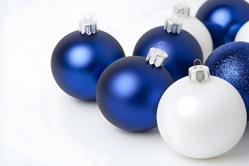 Festive blue and white ornaments on white background