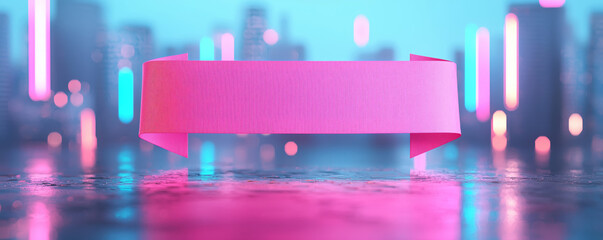 Vibrant pink ribbon banner stands prominently against blurred cityscape, illuminated by colorful neon lights, creating striking visual contrast