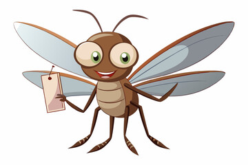 Happy Cartoon Mosquito Holding Blank Tag Illustration