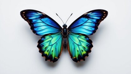 a beautiful butterfly with iridescent blue and green wings, showcasing a striking contrast against the simplicity of the white backdrop.