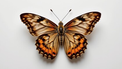 Obraz premium the intricate veins and patterns of the butterfly's wings are showcased in stunning detail against the minimalist backdrop of a white background.