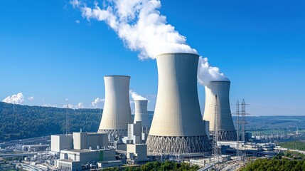 Majestic nuclear power plant cooling towers and blue sky