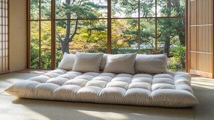Fototapeta premium Japanese-style futon on tatami mat, serene autumn view