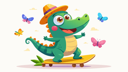 Happy Crocodile Cartoon Character Skateboarding with Butterflies