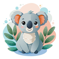 Adorable Cartoon Koala Bear Sitting Among Green Leaves