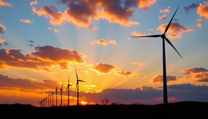 Obraz premium the concept of sustainable resources is epitomized by the silhouette of wind turbines against a colorful sunset sky