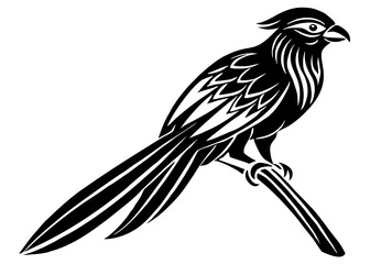Stylized Black and White Bird Illustration Perched on Branch
