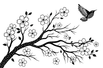 60 Black and white illustration, delicate floral branches, spotted bird in flight, ink wash technique, botanical art, Japanese-inspired, negative space, graceful composition, cherry blossoms, watercol