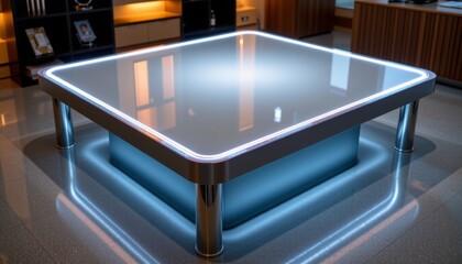 a sleek and modern podium platform designed for showcasing products or delivering presentations, featuring a smooth, glass surface supported by metallic legs and a built in led lighting system.
