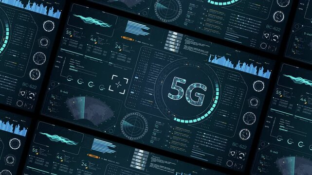 Motion graphic of Blue digital 5G letter logo with head up display (HUD UI) panel and futuristic technology abstract background generation of connection video concepts
