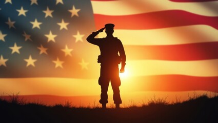American Soldier Saluting Flag Sunset Patriotism