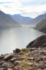 Cajon del Maipo - Embalse el Yeso area. San jose de Maipo, close to Santigao area. Lake view with...