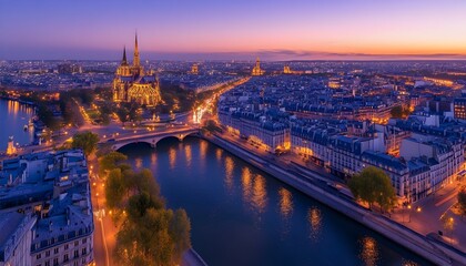 Panoramic twilight cityscape with a gothic cathedral and river