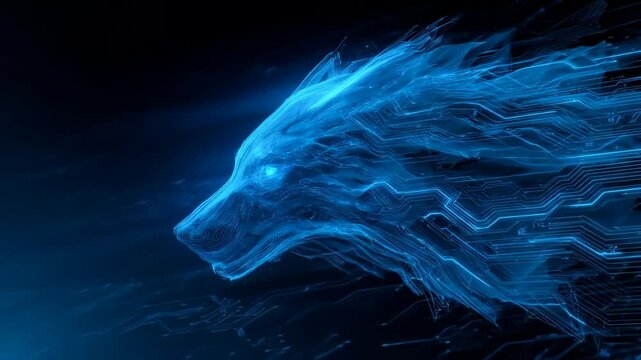 Digital wolf head with glowing blue circuit board patterns in profile view